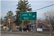 Judah Rd East Sign in Judah Road Roundabout (discoloration is due to frost on sign)