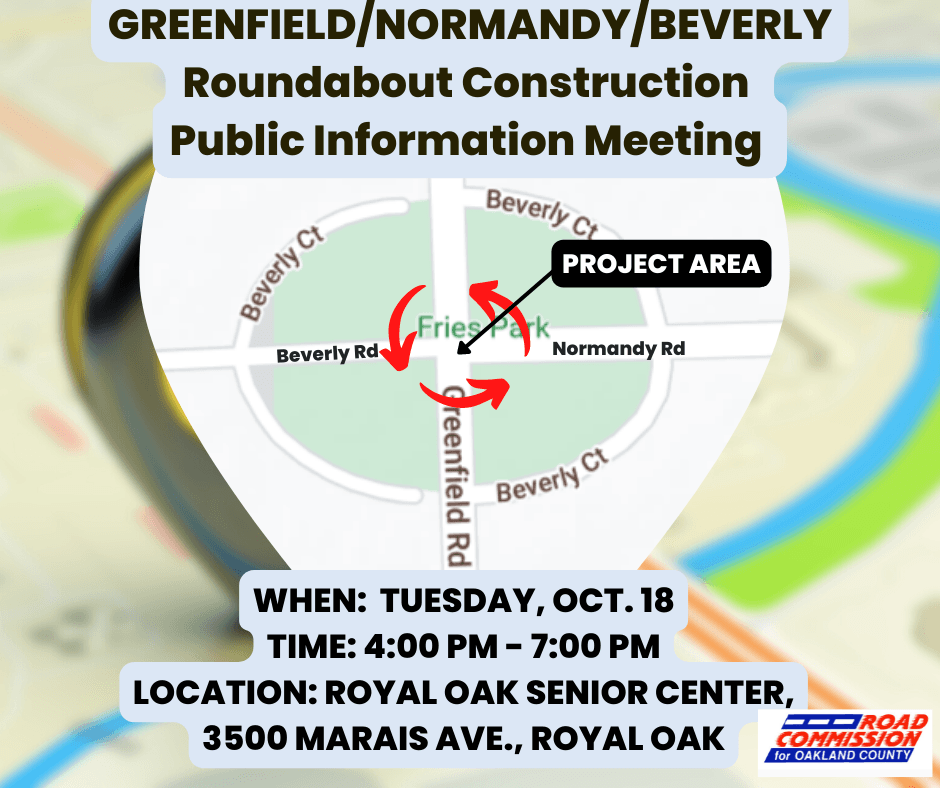 Public meeting Oct. 18 image. Features time (4-7 p.m.) and location (3500 Marais Ave, Royal Oak)