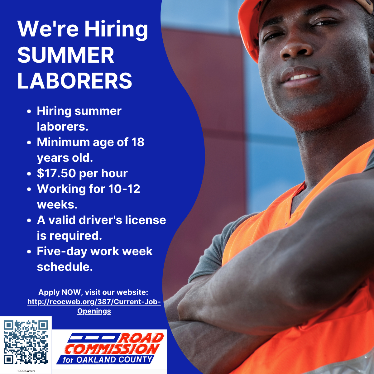 RCOC hiring seasonal laborers image with pothole patching and QR code images
