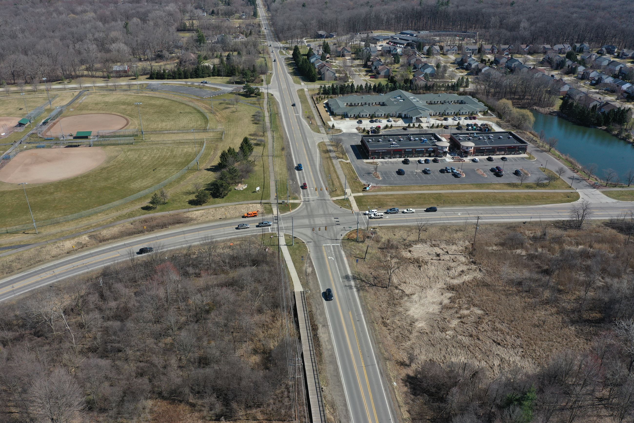 Baldwin Road/Clarkston Road intersection prior to roundabout construction (aerial image)