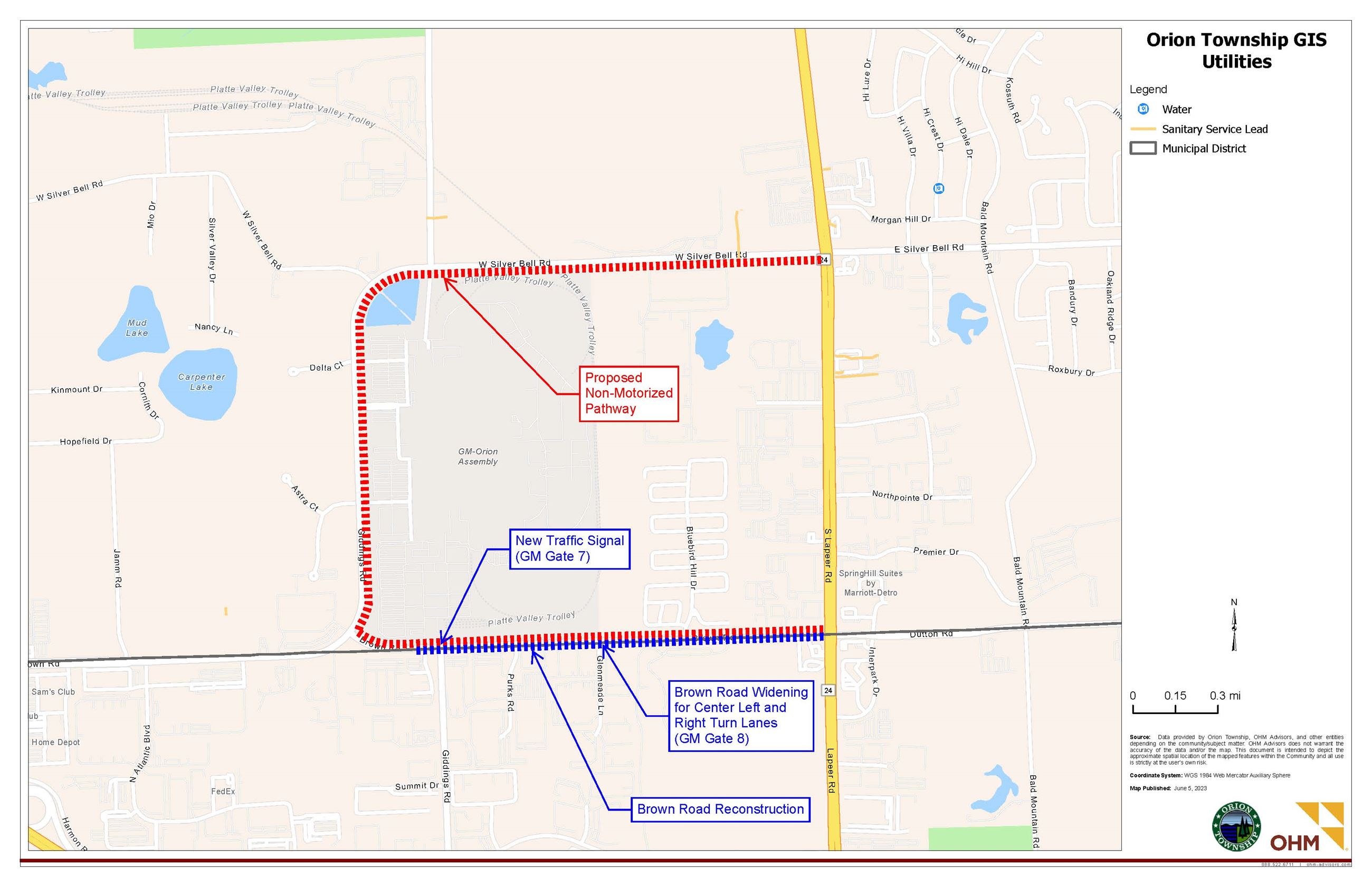 Brown Road, Giddings Road to Lapeer Road/M-24 map image of the project and pathways