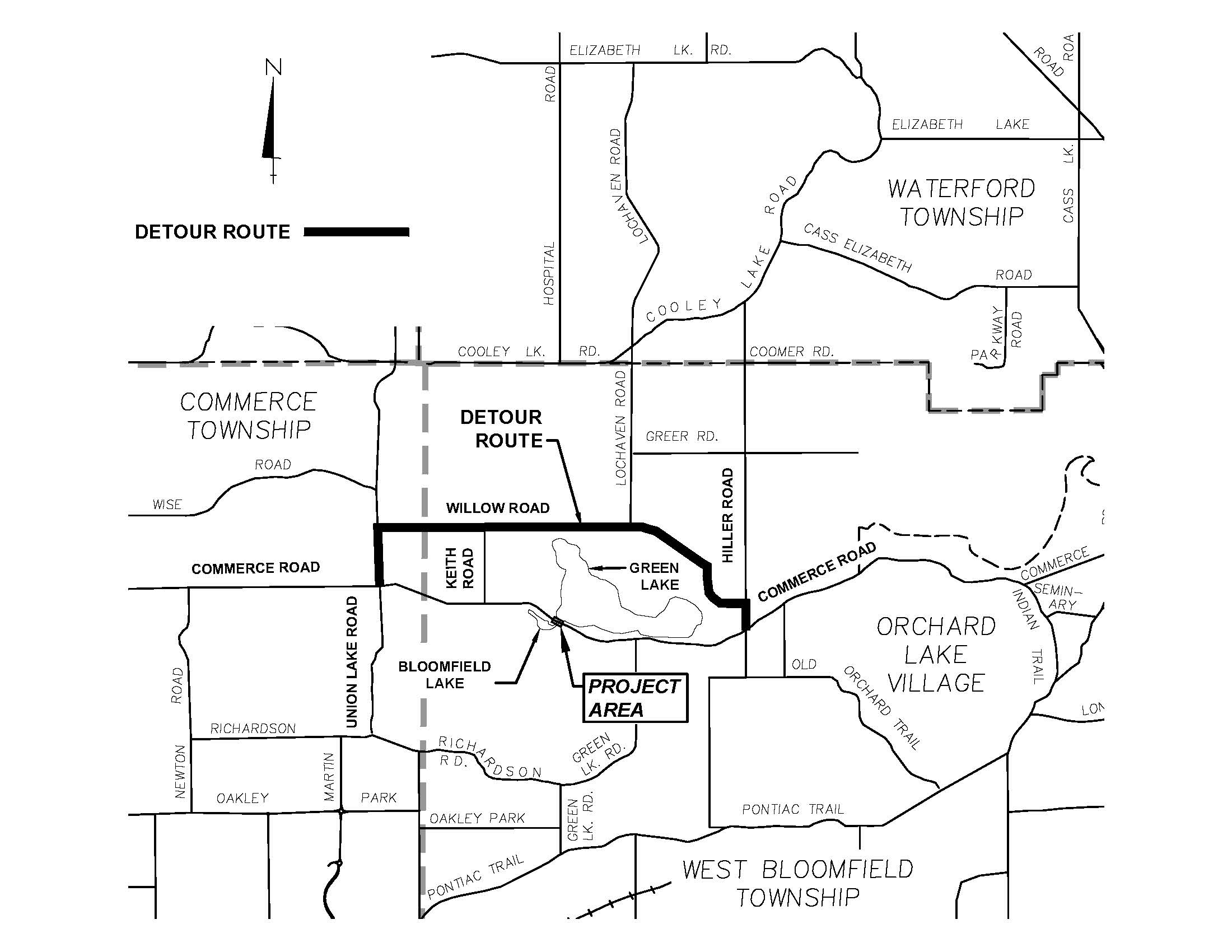Commerce Road Detour Map for culvert removal between Green and Bloomfield lakes