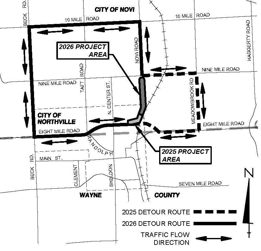 Novi Road, 8 Mile to 9 Mile Road, detour map for phase 1 and phase 2 of the project