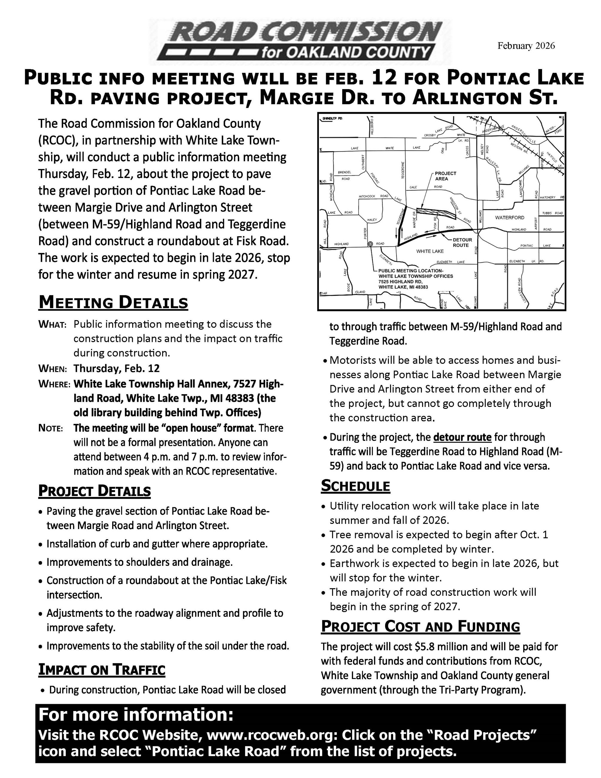 Image of Pontiac Lake Road meeting flier for February 12, 2026 from 4 pm to 7 pm at White Lake Twp.
