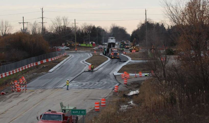 Nov 26 photo of the Maple/Middlebelt roundabout construction with paving operations