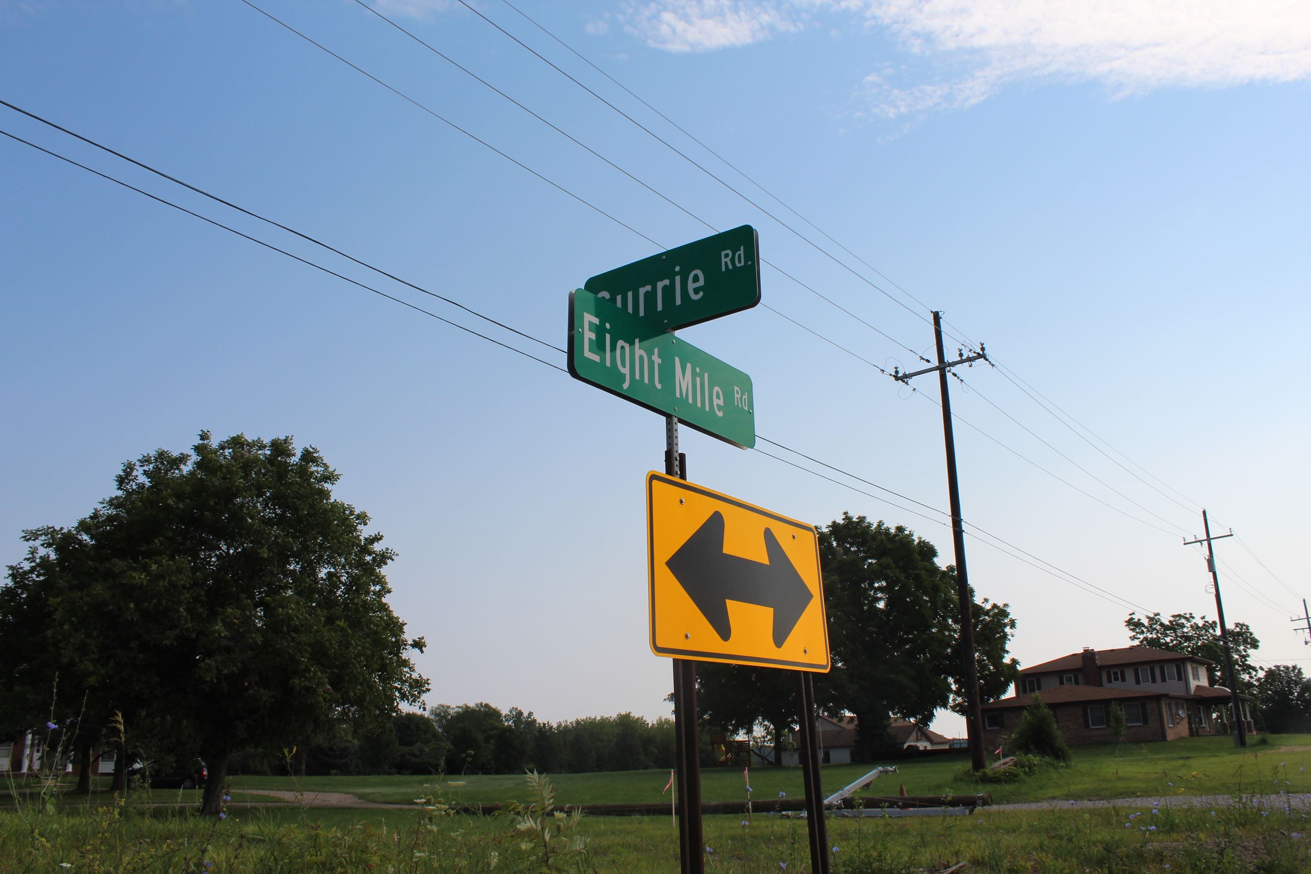 8 Mile and Currie Rd. intersection street sign in Lyon Township